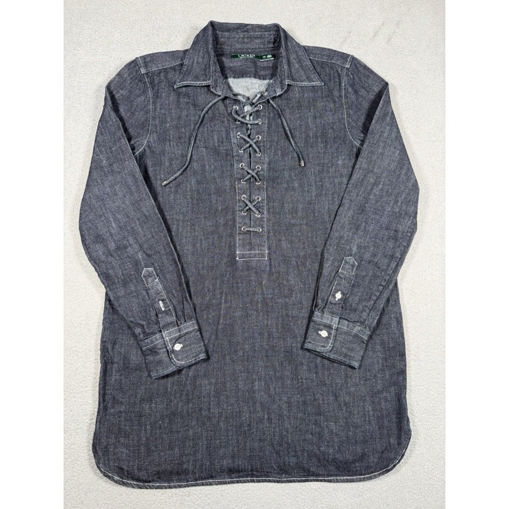 Lauren Ralph Lauren Womens Size S Dark Denim Lace Up V Neck Front Tunic Shirt